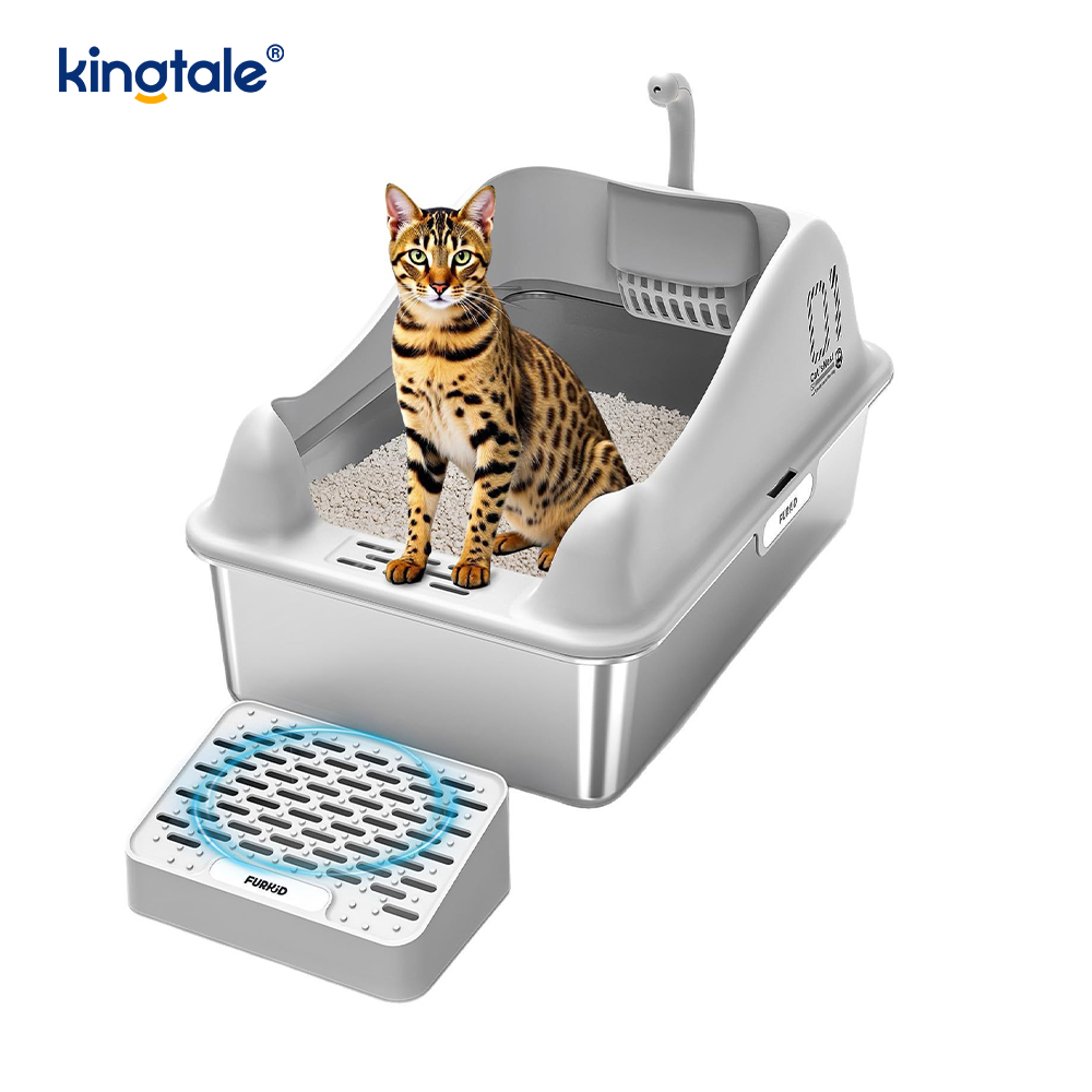Katzentoilette aus Edelstahl mit Fußpedal, Metall-Katzentoilette mit hohen Seiten, nie