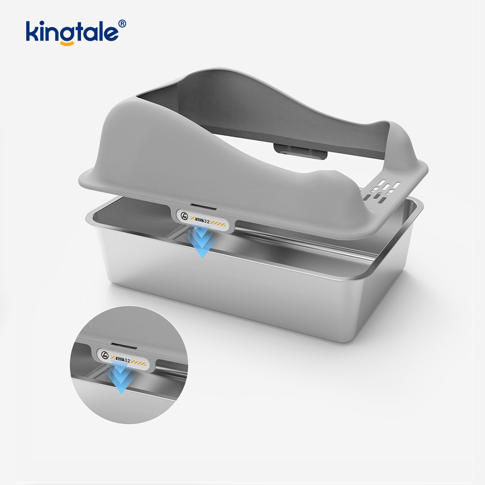 Katzentoilette aus Edelstahl mit Fußpedal, Metall-Katzentoilette mit hohen Seiten, nie