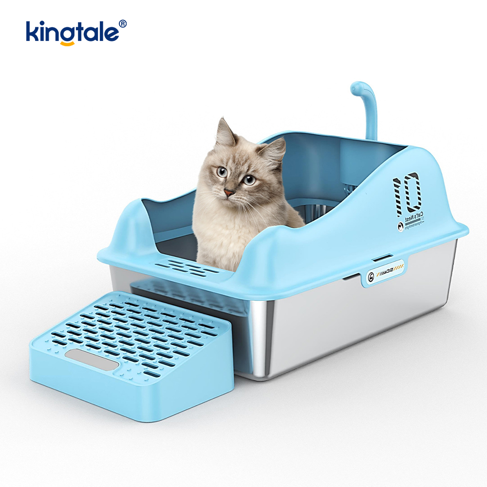 Katzentoilette aus Edelstahl mit Fußpedal, Metall-Katzentoilette mit hohen Seiten, nie